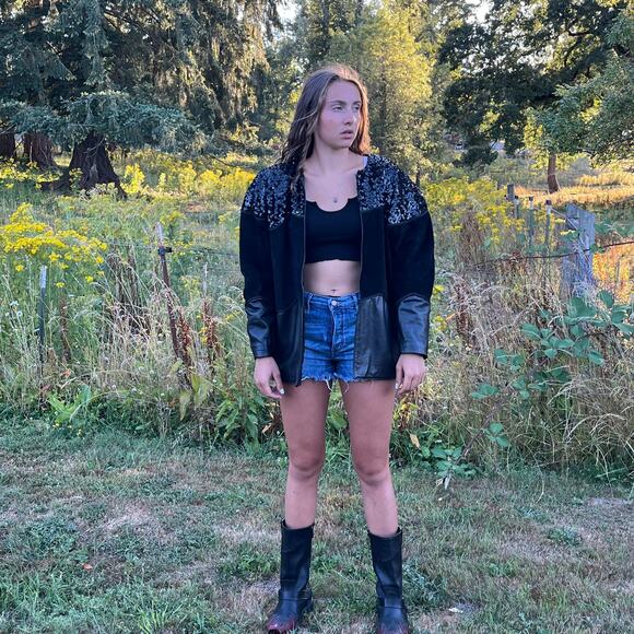 Vintage Glam Rock Oversized Sequin Suede Leather Black Rocker Chic Jacket SZ S - Picture 2 of 16